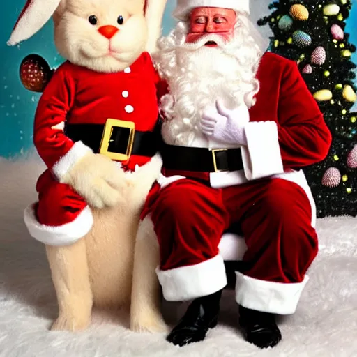 Image similar to santa sitting on the easter bunny's lap