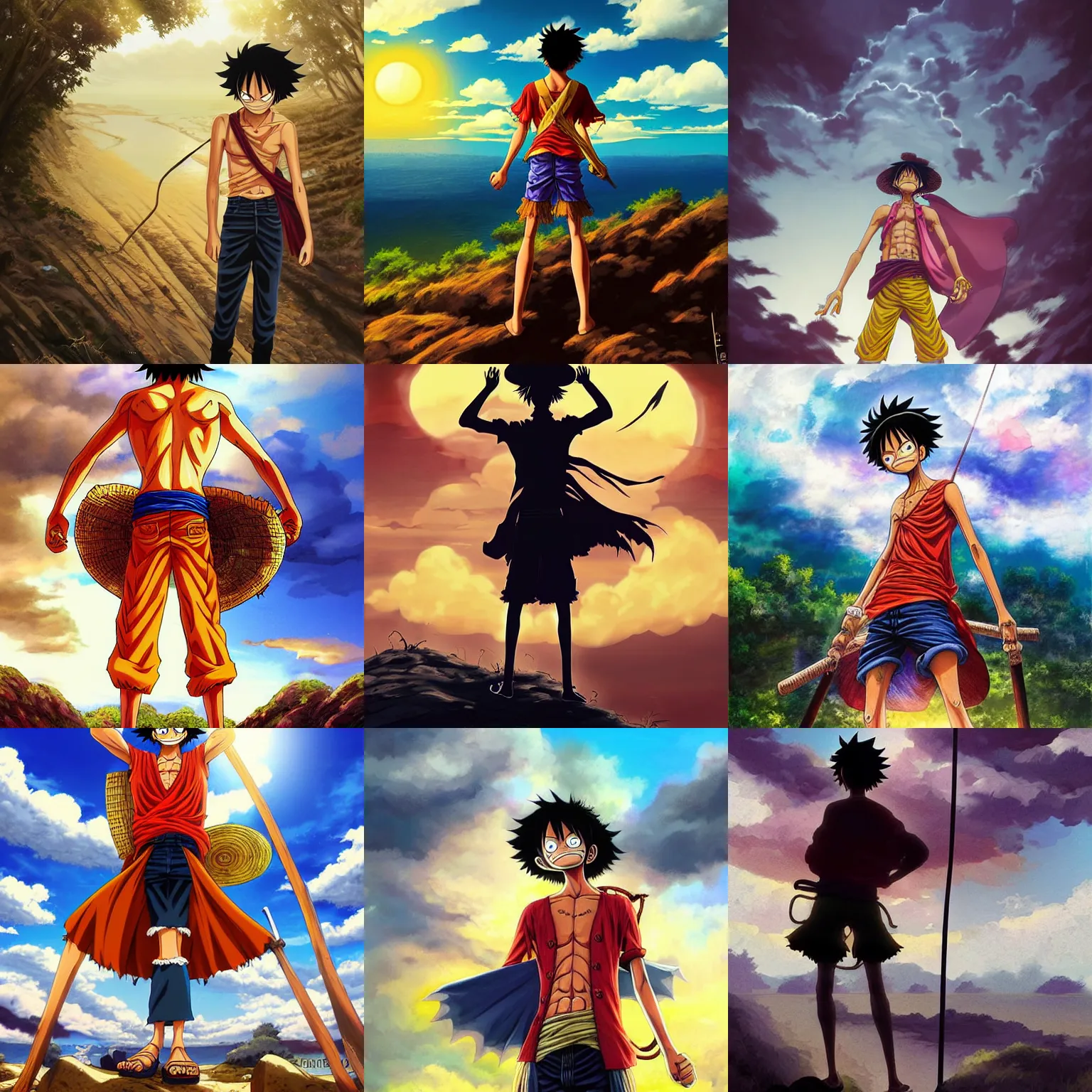 Prompt: digital art of luffy (one piece anime) hiking wearing boho clothing, standing silhouette against the sun, bestselling movie art poster, official media, official anime media, elegant decollete, sculpture, fog and rain, dynamic pose, thunder clouds in the sky, nature, illustration, intimidating lighting, incredible art by artgerm and greg rutkowski