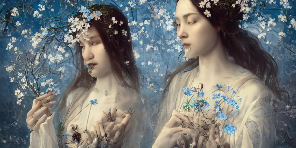 Prompt: breathtaking detailed concept weird art painting portrait of the goddess of nemophila flowers, orthodox saint, with anxious piercing eyes, ornate background, amalgamation of leaves and flowers, by hsiao - ron cheng, extremely moody lighting, 8 k