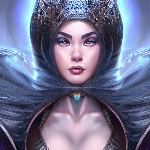 Prompt: A portrait of a female sorceress, art by artgerm, matte painting, trending on artstation, very detailed