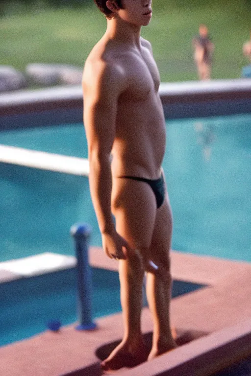 Prompt: close up still shot of young nick jonas standing on the diving board, 3 5 mm, highly detailed, disney channel original movie camp rock, dynamic lighting