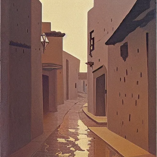 Prompt: winding street at midnight in a very old very beautiful city in Saudi Arabia with mud houses by George Price Boyce and Nicholas Roerich and William Dyce, glowing glass lanterns, strong dramatic cinematic lighting , ornate tiled architecture, lost civilizations, smooth, sharp focus, extremely detailed