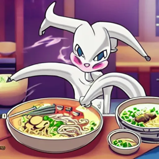 Prompt: Mewtwo cooking ramen, in the style of TC-96