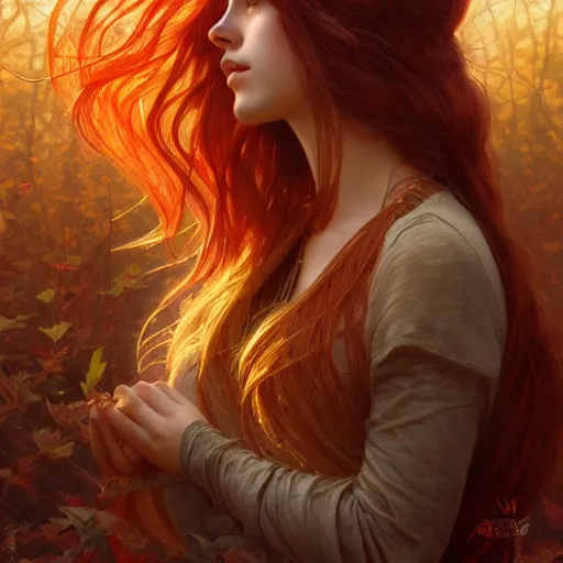 Image similar to girl with super long hair, hair becoming autumn red leaves, intricate, highly detailed, digital painting, artstation, concept art, smooth, sharp focus, illustration, unreal engine 5, 8 k, art by artgerm and greg rutkowski and alphonse mucha