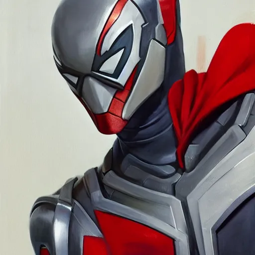 Image similar to greg manchess portrait painting of armored spiderman ultraman grey fox from metal gear cyborg gay japanese - american hybrid as overwatch character, medium shot, asymmetrical, profile picture, organic painting, sunny day, matte painting, bold shapes, hard edges, street art, trending on artstation, by huang guangjian and ail elvgren and sachin teng