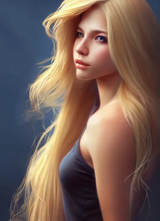 Image similar to a gorgeous female with long blonde hair in the style of stefan kostic, realistic, full body shot, wide angle, sharp focus, 8 k high definition, insanely detailed, intricate, elegant, art by stanley lau and artgerm, floating embers