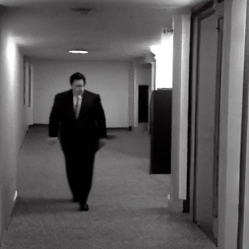 Image similar to Ron Desantis lost in the backrooms, alone!!!!!, photo, security camera footage, liminal, dismal, dim lighting!!!, desaturated!!!