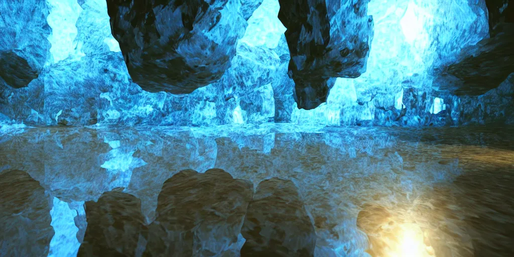 Prompt: mystical cavern underground, crystal, vivid, water, puddles, rocky, minerals, volumetric lighting