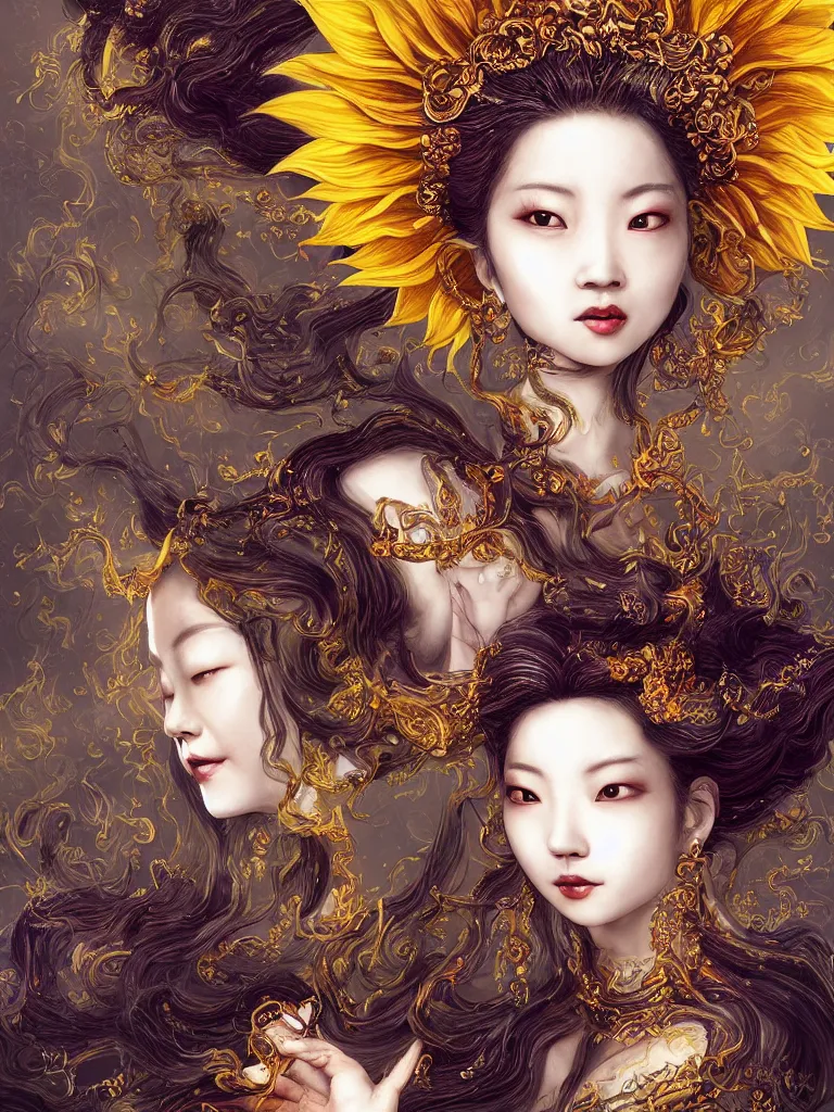 Image similar to Character portrait of the Sunflower Goddess, a Chinese female deity who brings joy and light. Insanely nice professional hair style, dramatic hair color, digital painting of a old 17th century, amber jewels, baroque, ornate clothing, sci-fi, dark smoke background, flames, very realistic, chiaroscuro, art by Franz Hals and Jon Foster and Ayami Kojima and Amano and Karol Bal.