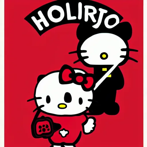 Image similar to a horror movie poster featuring Hello Kitty holding a axe