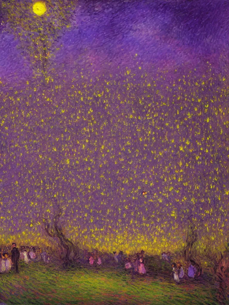Prompt: gauzy twilight impressionist painting of fireflies in my backyard with an old apple tree in a purple cast with people! dancing in the moonlight, moon in left of sky, intense purplish color oil painting by claude monet and piet mondrian, cosmic trending on artstation 8 k