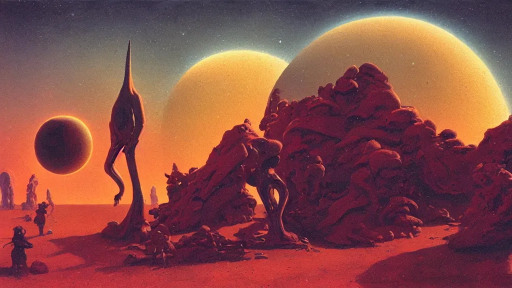 Image similar to mysterious sculpture of an alien crescent moon by paul lehr and john schoenherr, cinematic matte painting