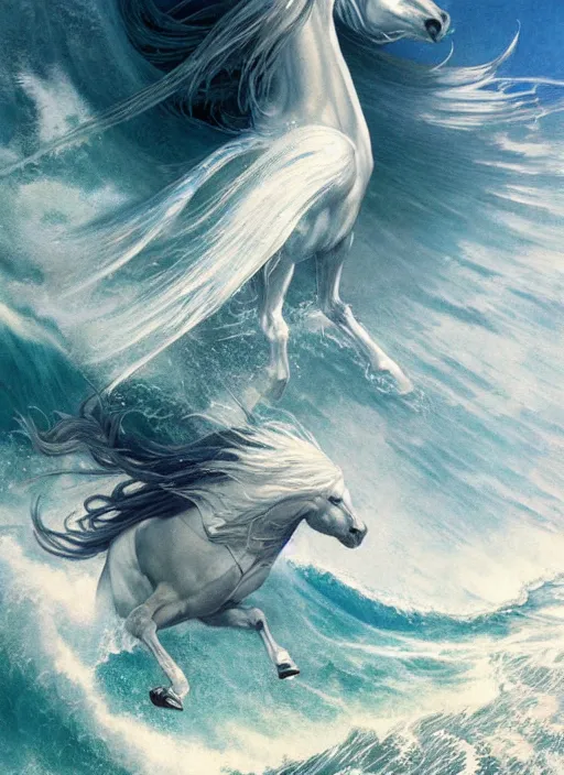 Image similar to pegasus running through ocean wave, exquisite details, denoised, mid view, byi by alan lee, norman rockwell, makoto shinkai, kim jung giu, poster art, game art