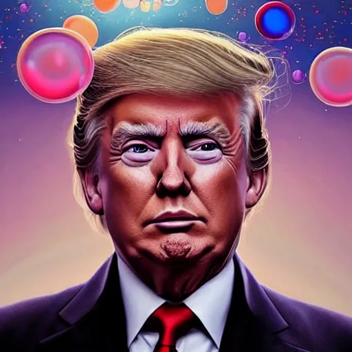 Image similar to dream portrait of donald trump , dreamy and ethereal, expressive pose, big pink eyes, exciting expression, fantasy, intricate, elegant, many rainbow bubbles, rose tones, highly detailed, digital painting, artstation, concept art,cyberpunk wearing, smooth, sharp focus, illustration, art by artgerm and greg rutkowskiand alphonse mucha,Salvador Dali.