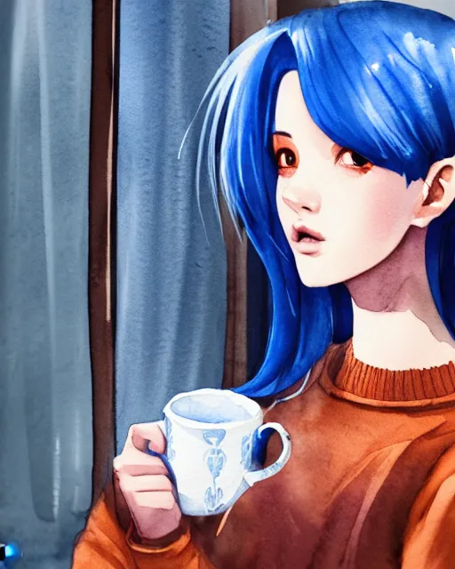 Image similar to watercolor painting of a pretty girl with Blue hair, wearing an oversized sweater, sitting by a windowsill, night, holding a mug of hot tea. In the style of ilya kuvshinov, dramatic lighting, fantasy, intricate, elegant, highly detailed, lifelike, photorealistic, digital painting, bokeh, HDR, high resolution, artstation, concept art, smooth, sharp focus, art by Krenz Cushart and Albert Aublet