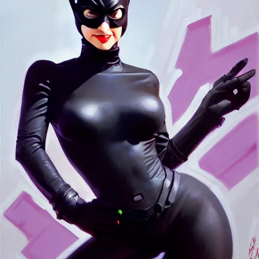 Image similar to Greg Manchess portrait painting of Catwoman as Overwatch character, medium shot, asymmetrical, profile picture, Organic Painting, sunny day, Matte Painting, bold shapes, hard edges, street art, trending on artstation, by Huang Guangjian and Gil Elvgren and Sachin Teng