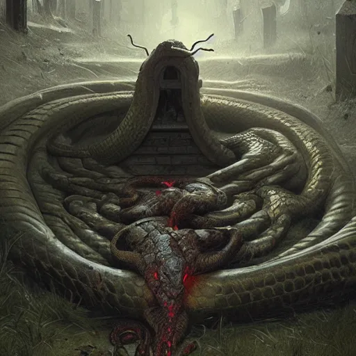 Prompt: a big anaconda in a dark grave squeezing around a buried body, cemetery, horror ,digital art,realistic,detailed,art by greg rutkowski