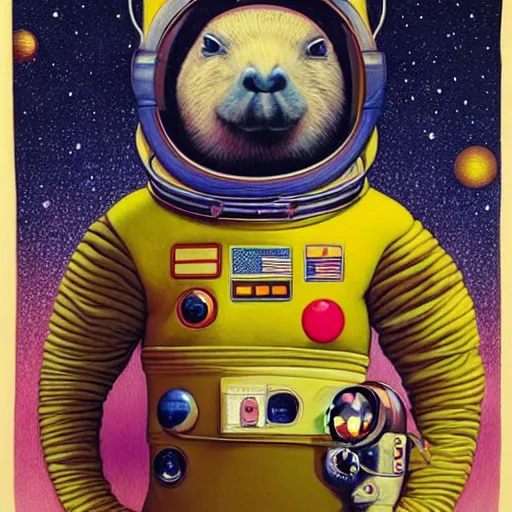 Image similar to beautiful detailed and adorable portrait of a capybara astronaut in a spacesuit by casey weldon by mark ryden by thomas blackshear, super cute, new contemporary, pop surrealism, oil painting