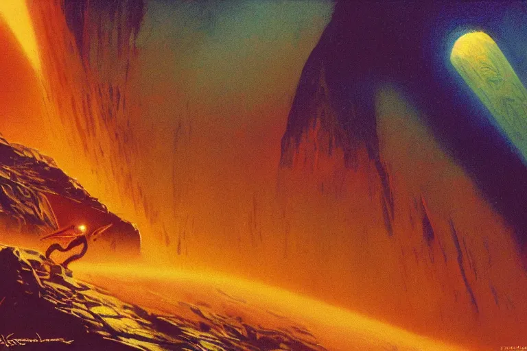 Image similar to asphalt-initiator,in the style of Bob Eggleton and Jean Giraud Moebius,trending on artstation, flamboyant lighting low angle view,2001: A Space Odyssey ,Toonami ,60s kitsch and psychedelia ,Nosferatu ,Sabattier effect ,