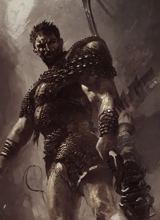 Image similar to ancient historically accurate depiction of the Bible Character Goliath of Gath, the Philistine warrior giant in ancient persian chainmail armor, dramatic lighting art by Yoji Shinkawa by Richard Schmid by greg rutkowski by Sandra Chevrier by Jeremy Lipking cinematic dramatic