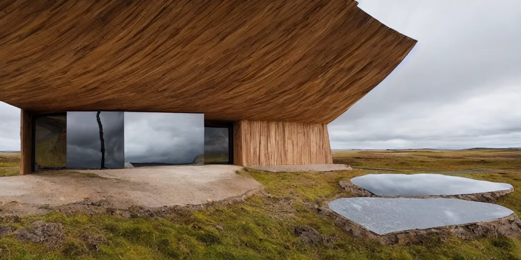 Image similar to futuristic architect house made from deconstucted ash wood and mirrors, floating, portal, iceland landscape photography, by lurie belegurschi and gunnar freyr