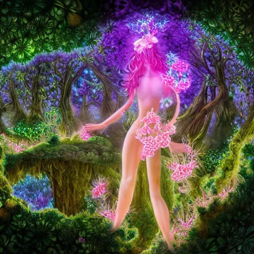 Image similar to glowing delicate flower and mushrooms that grow in a dark fatansy forest on the planet Pandora, an idealistic marble statue with fractal flowery hair in a fractal garden, symmetrical,