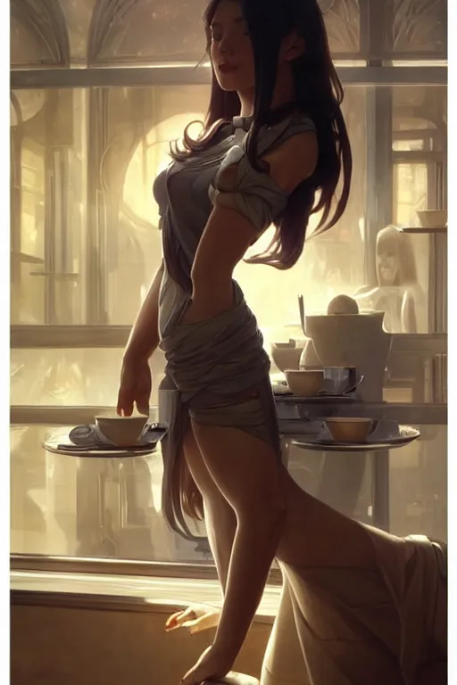 Image similar to an attractive serene cute android in a cafe, partially human , partially biomedical design , natural atmosphere, great high details, highly reaslitic, cinematic lighting, intricate, elegant, super highly detailed, art station, concept arD, beautiful, delicate, art by artgerm and greg rutkowski and alphonse mucha and loish and WLOP