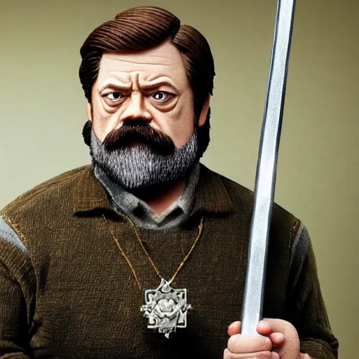 Image similar to ron swanson is a white haired, bearded dwarven cleric carrying a holy symbol in his right hand and a holy sword in his left hand