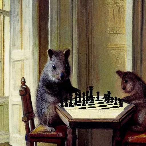 Prompt: a quokka playing chess inside a cozy victorian living room, in the style of anders zorn