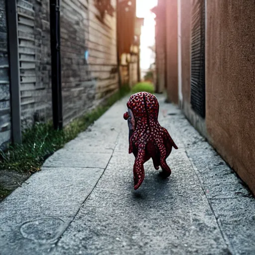 Image similar to fully clothed octopus dog walking down an alley
