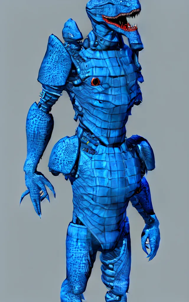 Prompt: azure blue alligator cyborg soldier spaceship pirate captain, character concept 8 k realphotorenderengine, symmetrical alligator humanoid, cinematic game 3 d character zbrush