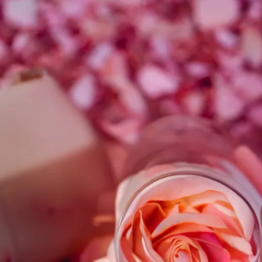 Prompt: bottle buried in luscious pink rose petals, peach background, soft femme, romantic environment, up close shot