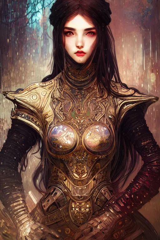 Image similar to portrait knights of Zodiac girl+smoky eyes, black fire color reflected armor, in ruined Agora of Athens rainy night, ssci-fi and fantasy, intricate and very very beautiful and elegant, highly detailed, digital painting, artstation, concept art, smooth and sharp focus, illustration, art by tian zi and WLOP and alphonse mucha