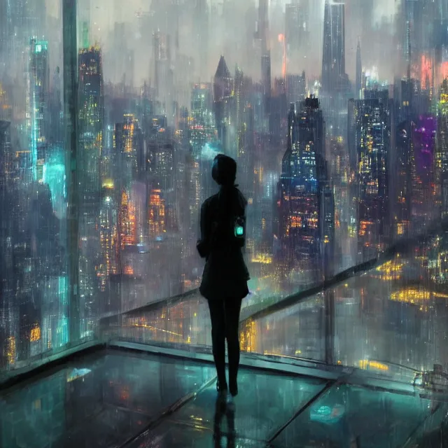 Prompt: a girl looking at phone sitting on a glass ledge overlooking a futuristic new york city below, ghostpunk, neon lights, storm clouds, rain falling, detailed background, by craig mullins, by jc leyendecker, by james jean