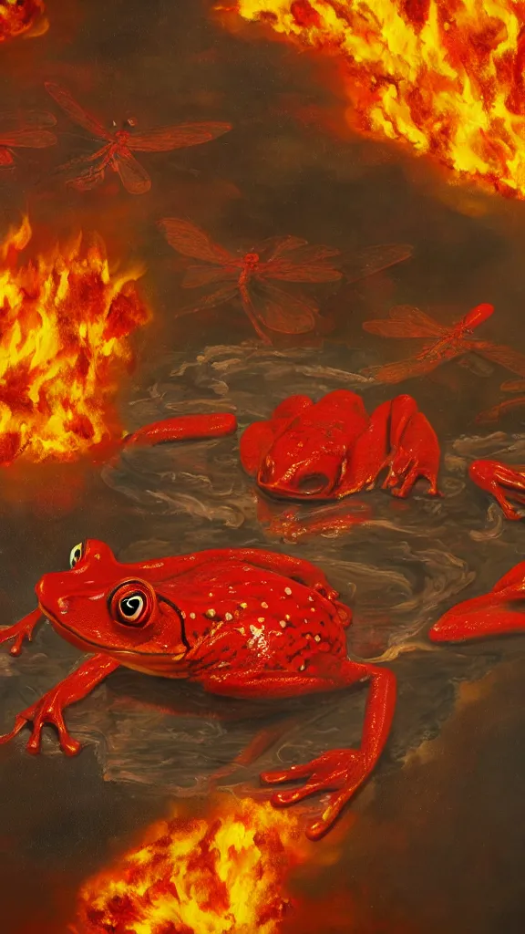 Image similar to giant red frog with giant dragonfly wings flying over a city in flames, photorealism, oil paint, renaissance, 8 k, high detail whide shot