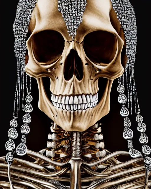 Prompt: realistic portrait of a skeleton filled with jewelry, dark, gold, silver ornaments, facing camera, photo realistic, detailed, 1 4 5 0, delicate, hyper realism, ultra realistic, 8 k