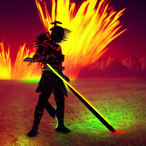 Prompt: a neon samurai in a burning field at night. hyper realistic, 8 k.