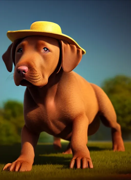 Prompt: chesapeake bay retriever puppy wearing sombrero, paul kidby, octane render, highly detailed, rim light, art, cinematic lighting, very coherent, hyper realism, high detail, 8 k