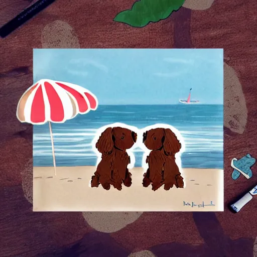 Image similar to two cute brown spaniel a by the seaside, parasols, bright towels, geometric, pop, deco, sketch, artwork