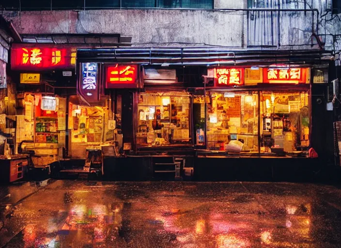 Image similar to exterior of an open cyberpunk ramen place during a rainy night