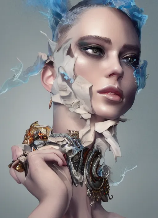 Image similar to 3d fashion portrait with fire, female, future, torch, flame, harper's bazaar, vogue, fashion magazine, intricate, concept art, close up, ornate, luxury, elite, elegant, trending on artstation, by ruan jia, by Kenneth Willardt, by ross tran, by WLOP, by Andrei Riabovitchev,