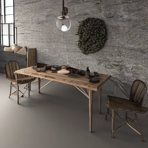 Image similar to alchemy table natural environment, dark 3 d render, reflective