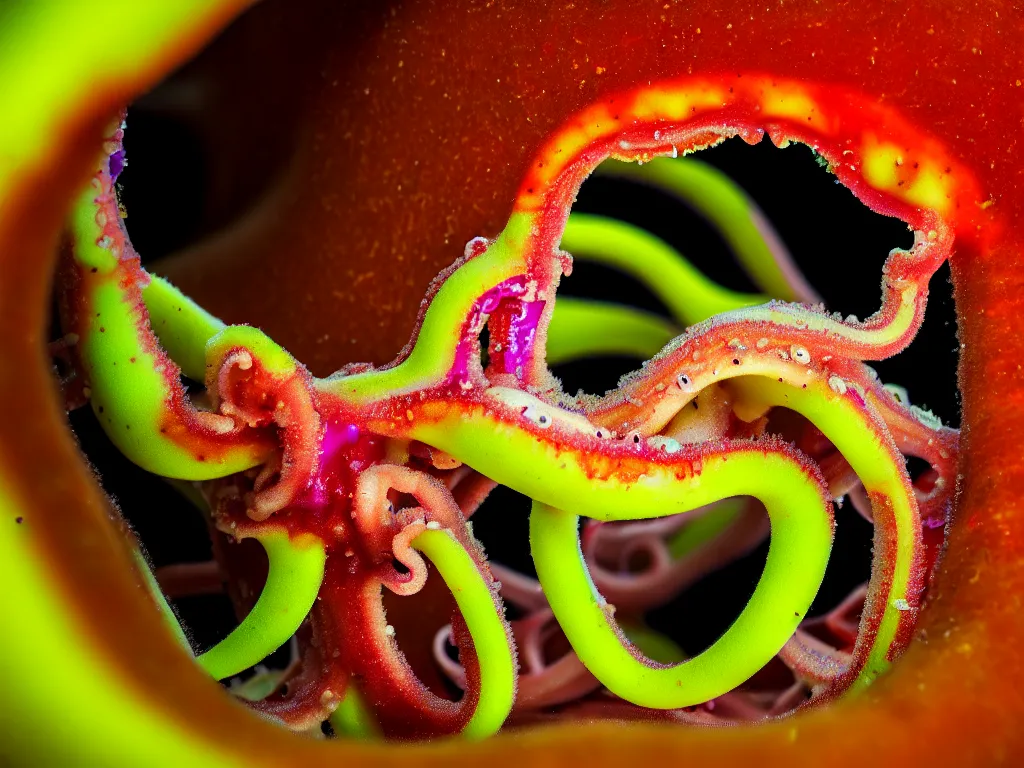 Image similar to a perfect portrait of a cross section of a squid with tiny humans burrowing wormlike through its juicy interior. macro extreme, eye popping wet colours.