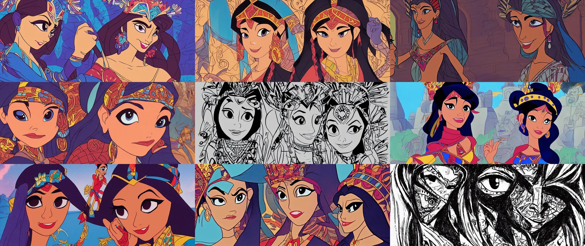 Prompt: Aztec Disney princess meets the villian by Glen Keane, Disney 2D Traditional Animation, Semi Realistic Anime, symmetrical face, beautiful eyes, Disney Renaissance film, Cel Shaded, cinematic, widescreen, 4K