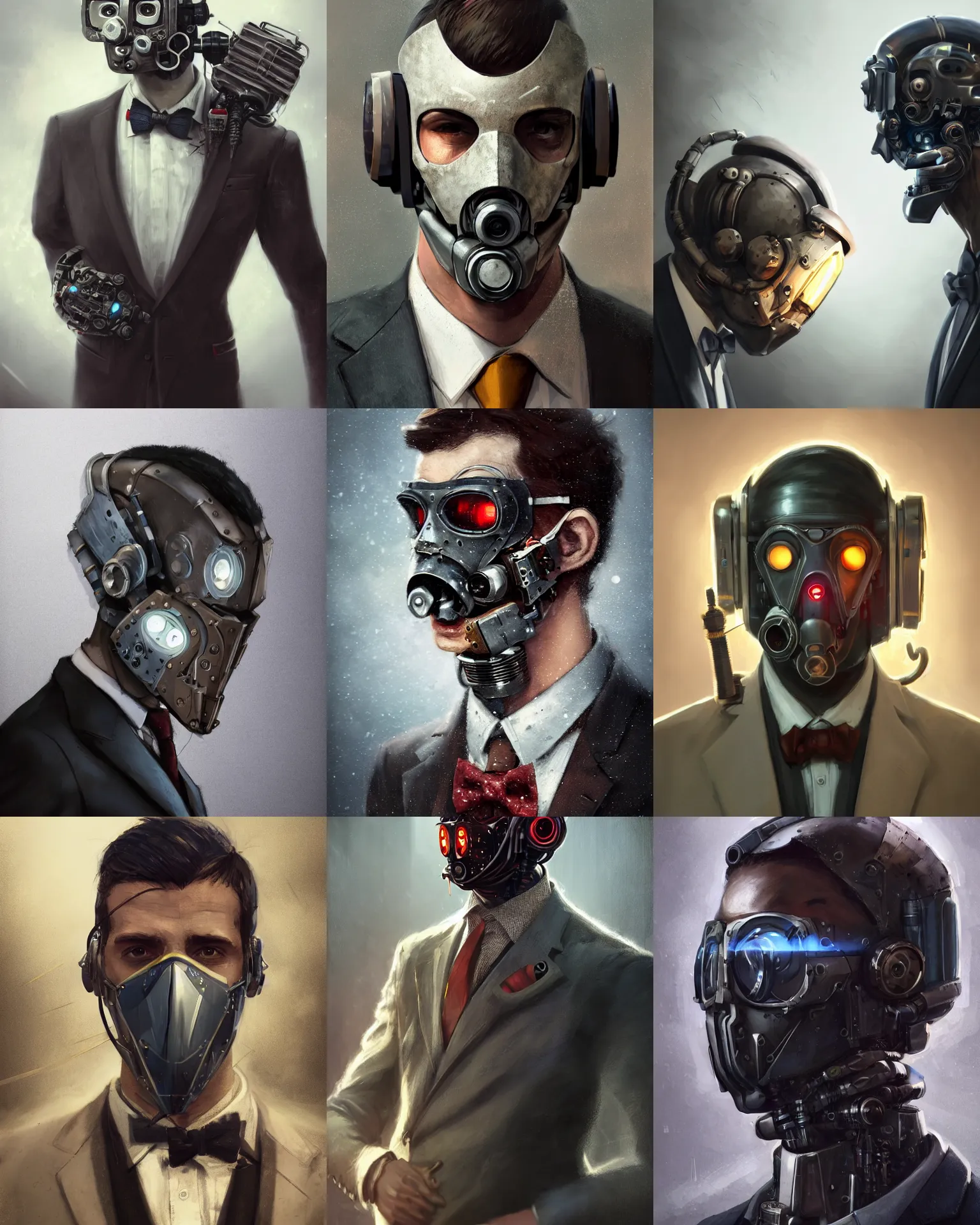 Prompt: a masked rugged young engineer man with cybernetic enhancements wearing a suit and bowtie, detailed mask, scifi character portrait by greg rutkowski, esuthio, craig mullins, 1 / 4 headshot, cinematic lighting, dystopian scifi gear, gloomy, profile picture, mechanical, half robot, implants, steampunk