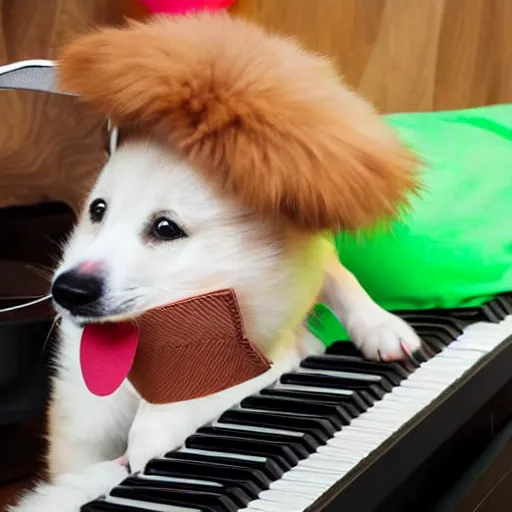 Prompt: an adorable plush corgui dog playing a keyboard in the middle of a party.