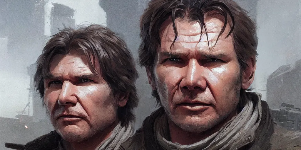 Image similar to a highly detailed epic cinematic concept art CG render digital painting artwork: Soviet dieselpunk Han Solo played by Harrison Ford directed by David Fincher. By Greg Rutkowski, Ilya Kuvshinov, WLOP, Stanley Artgerm Lau, Ruan Jia and Fenghua Zhong, trending on ArtStation, subtle muted cinematic colors, made in Maya, Blender and Photoshop, octane render, excellent composition, cinematic atmosphere, dynamic dramatic cinematic lighting, precise correct anatomy, aesthetic, very inspirational, arthouse