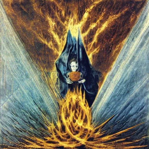 Image similar to I saw Satan fall like lightning from heaven. El Greco, Remedios Varo, Salvador Dali, Carl Gustav Carus, John Atkinson Grimshaw. Blue tint. Symetrical, logo, geometric shapes.