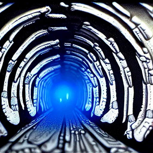 Image similar to a tunnel made of xenomorph bones, dark blue light coming from the end of the tunnel, photorealistic detailed