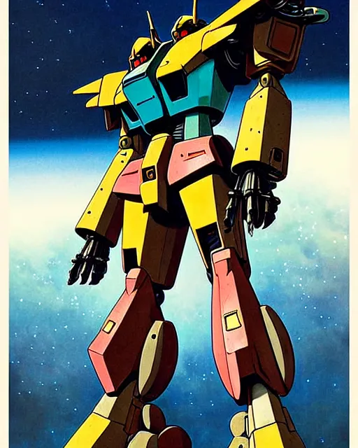 Prompt: gundam mecha, character portrait, portrait, close up, concept art, intricate details, highly detailed, vintage sci - fi poster, in the style of chris foss, rodger dean, moebius, michael whelan, and gustave dore